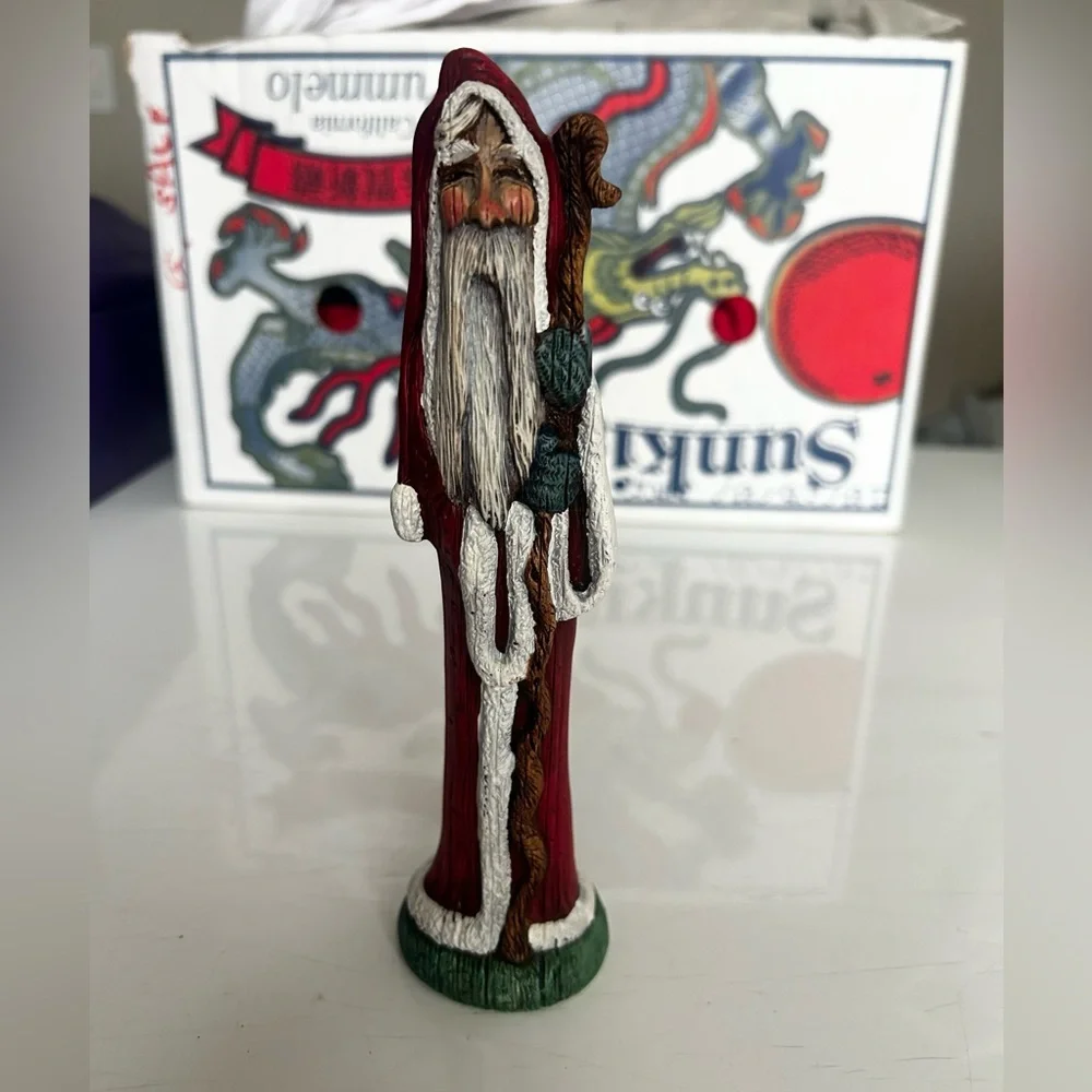 Vintage Folk Art Old Santa Figurine - Red and White Christmas Decor